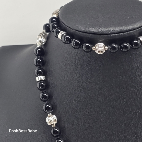 Handmade Black Glass Bead Necklace with Zebra Jasper Pendant - Picture 9 of 10